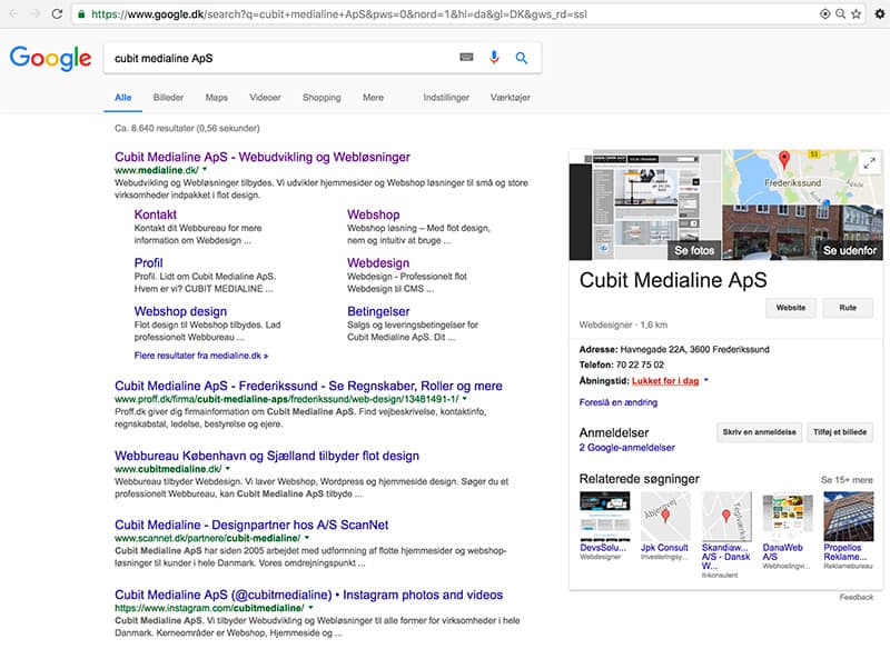 Søgeresultat med Google My Business